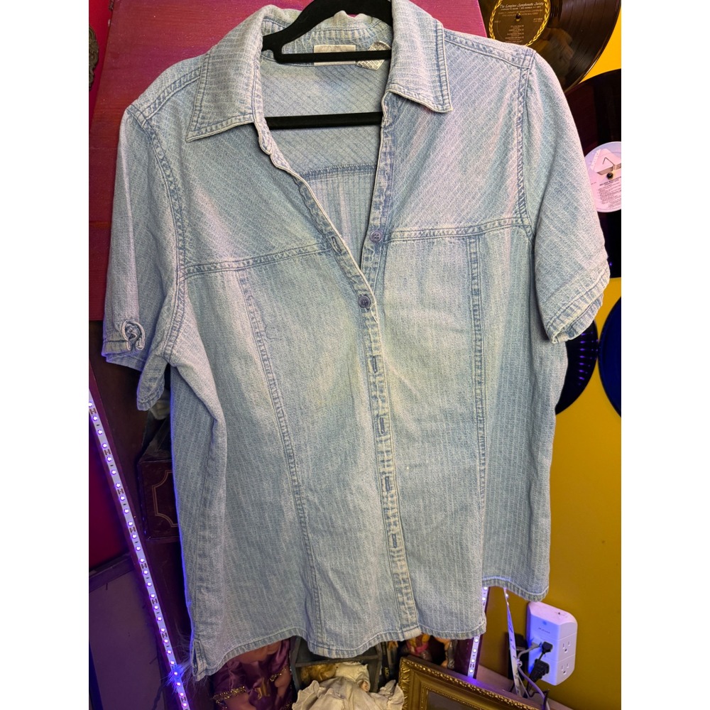 Fashion Bug Womens Light Wash Cotton Short Sleeve Button Down Shirt Size 14-16